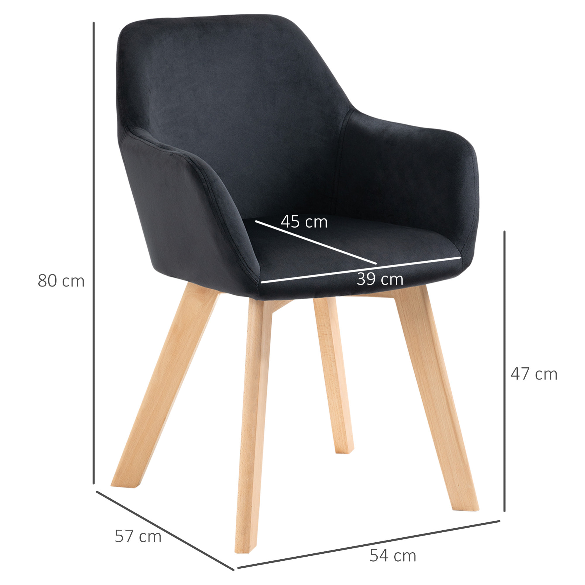 HOMCOM Juego de 2 Sillas de Comedor Modernas Sillas de Cocina Tapizado en Terciopelo con Respaldo Medio y Patas de Madera de Caucho para Salón Carga 120 kg 54x57x80 cm Negro