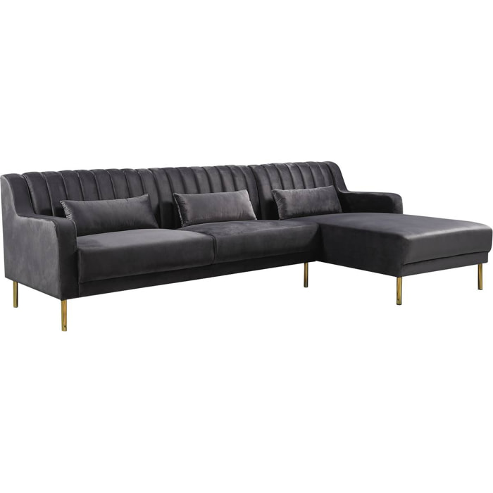 Canapé d'angle en velours "Oliver" - 275 x 161 x 81 cm - 5 places - Gris - Angle droit