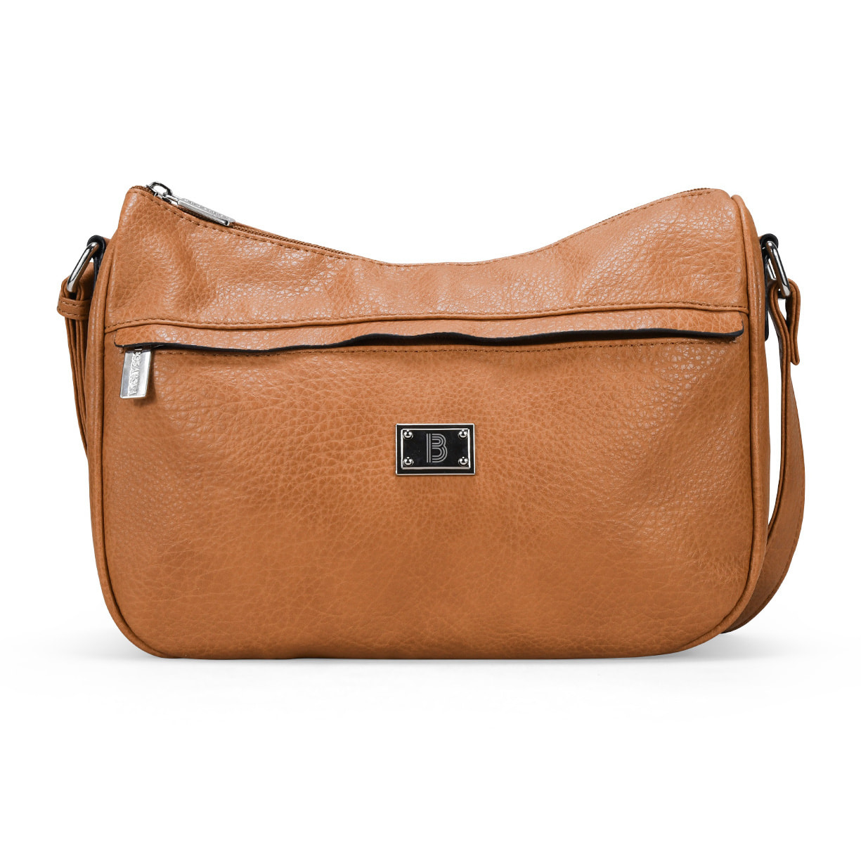 Bolso bandolera tostado con bolsillo frontal y logo