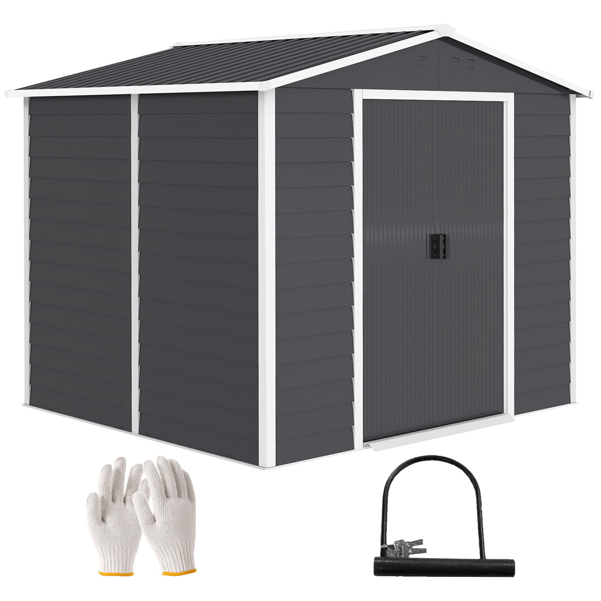 Caseta de Jardín Exterior 4,4 m², 240x206x198 cm, Cobertizo de Jardín Exterior Metálico con Base Refuerzo (Suelo NO Incluido), Puerta Corredera con Cerradura y 4 Ventanas para Patio, Gris