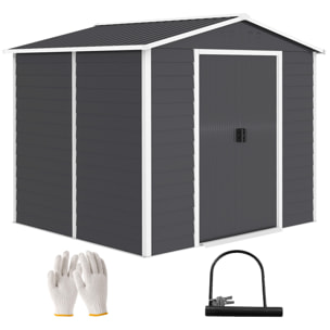 Caseta de Jardín Exterior 4,4 m², 240x206x198 cm, Cobertizo de Jardín Exterior Metálico con Base Refuerzo (Suelo NO Incluido), Puerta Corredera con Cerradura y 4 Ventanas para Patio, Gris