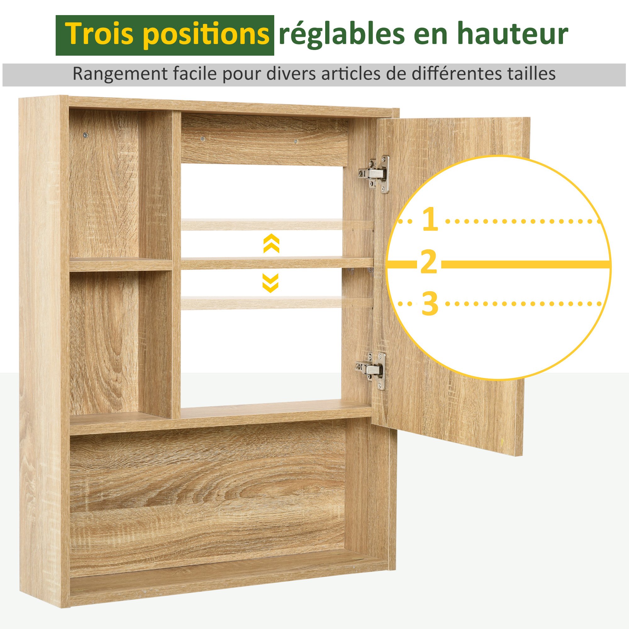 Armoire murale de rangement salle de bain avec porte miroir couleur bois de chêne dim. 60L x 15l x H76 cm