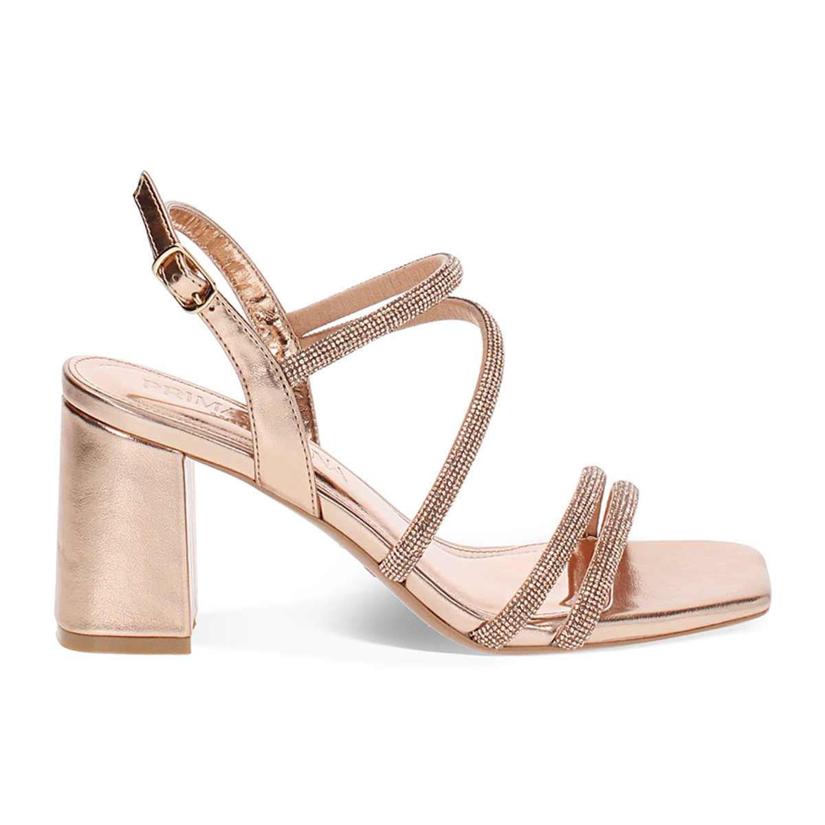Sandalo donna rosa-oro da sera, tacco largo 7,5 cm