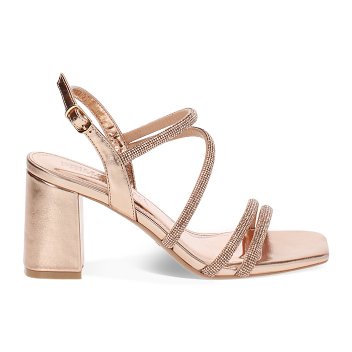 Sandalo donna rosa-oro da sera, tacco largo 7,5 cm