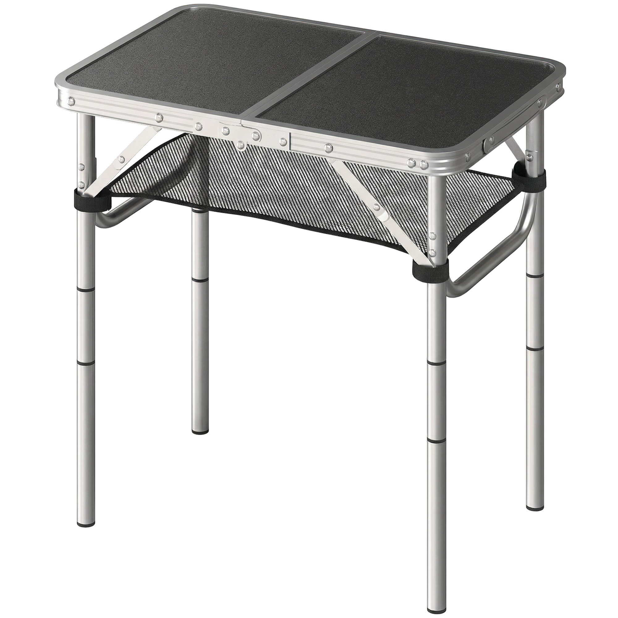 Table de camping pliable réglable alu noir avec rangement filet