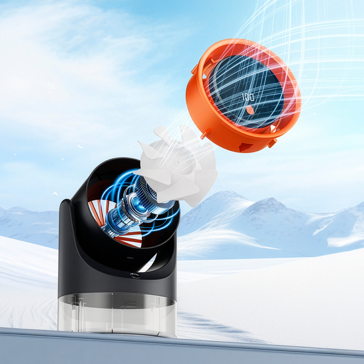 Ventilatore da scrivania F14. Con 5 livelli di velocità, funzione nebulizzatore e serbatoio d'acqua da 450 ml. Rotazione verticale di 180°.