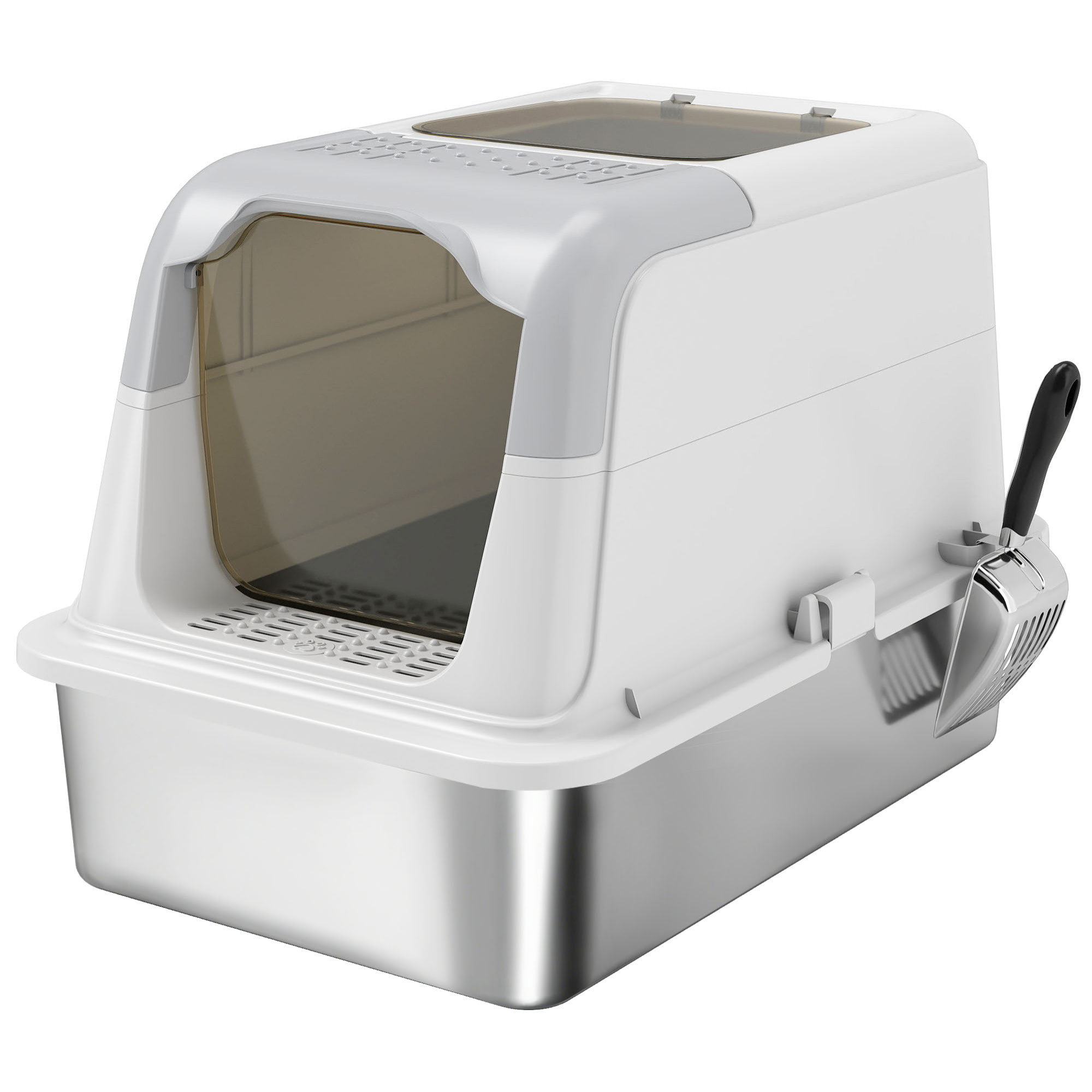 Maison de toilette bac à litière fermé acier inox - pelle, 2 portes, désodorisant - blanc