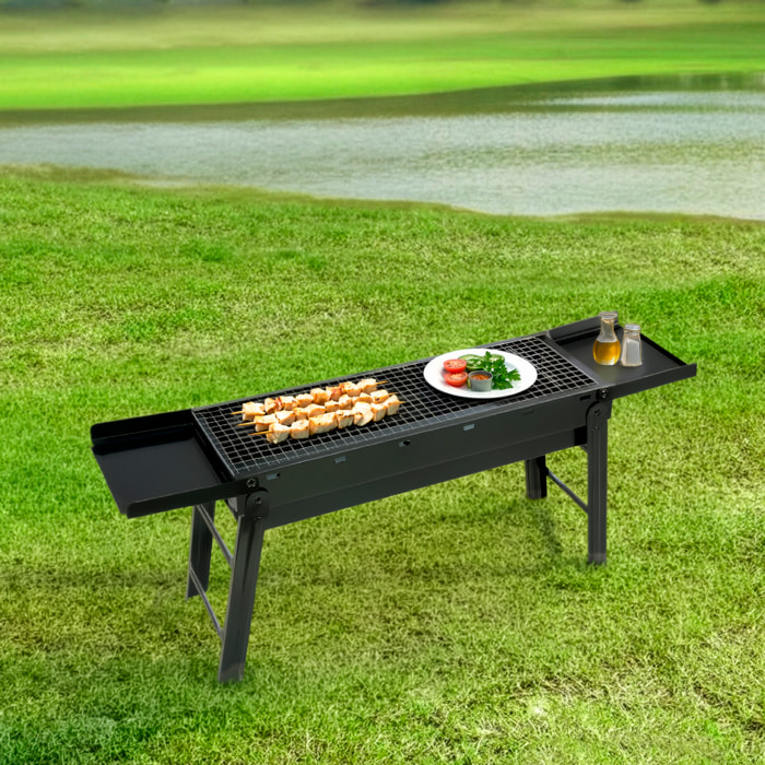 Barbecue portatile a carbone YF-60A con design pieghevole, vassoio scorrevole, ripiani laterali e ventilazione ottimizzata per una cottura uniforme ed efficiente.