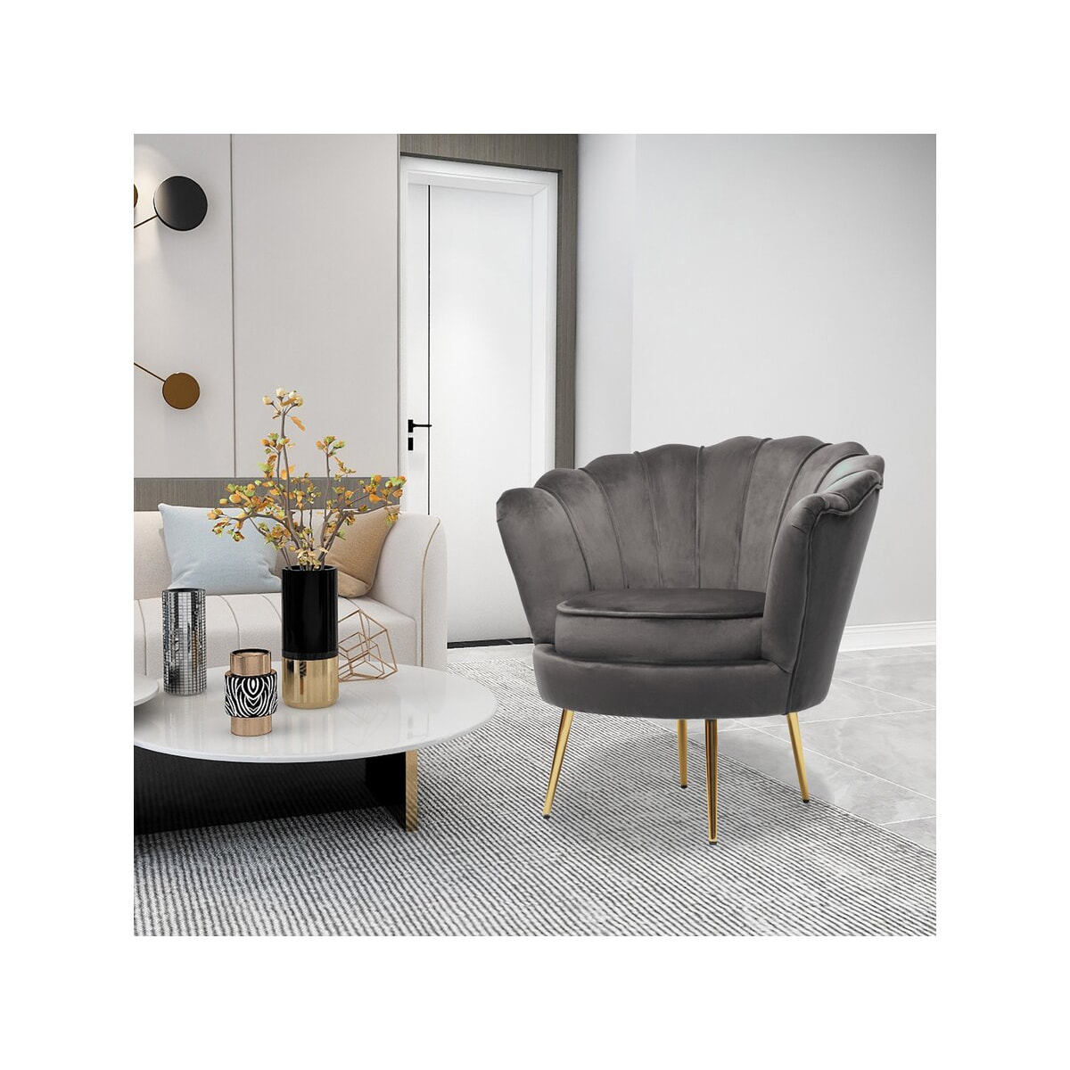 Fauteuil en velours "Floria" - 75 x 68 x 77.5 cm - Gris