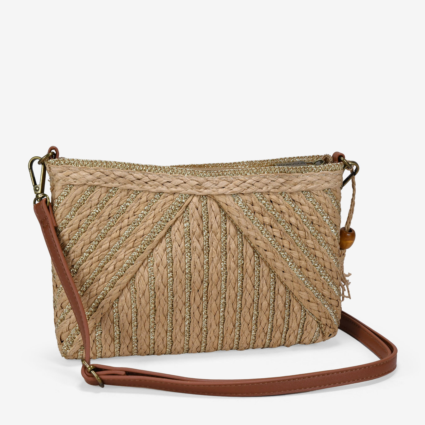 Bolso bandolera marrón claro rectangular en rafia
