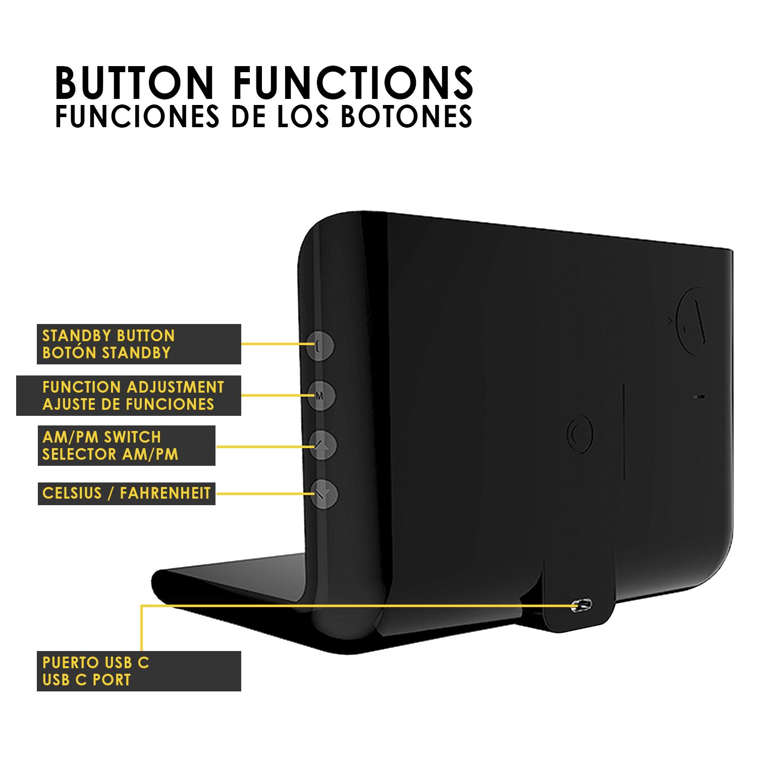 Sveglia con caricabatterie wireless Qi a ricarica rapida, temperatura e data