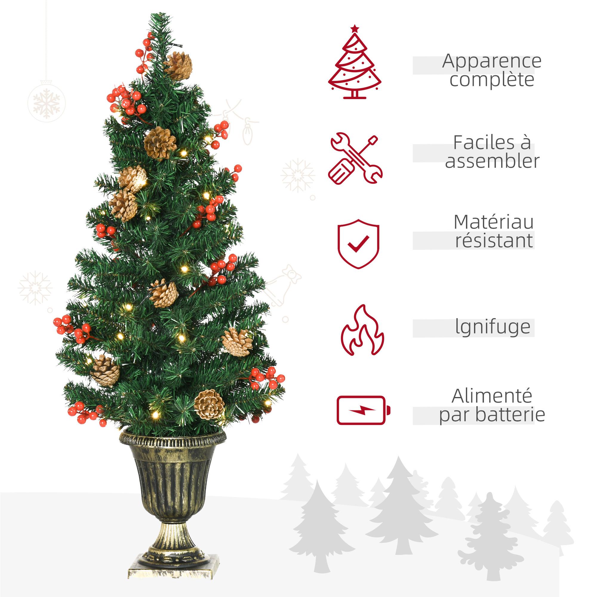 Lot de 4 pièces - décorations de Noël lumineuses LED - couronne, guirlande, 2 sapins avec pots et accessoires - vert