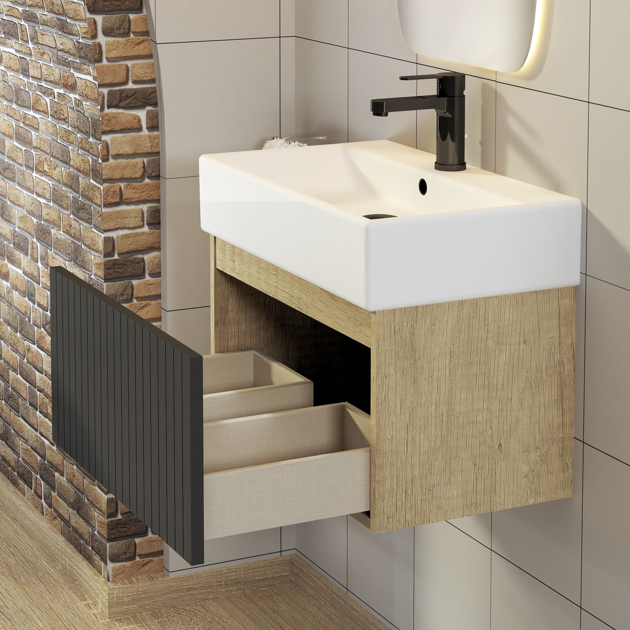 Conjunto de Baño Zel | Mueble Suspendido | 60 cm Negro | Un Cajón | Lavabo Encastrado | No incluye Espejo | Mueble Montado| Alday