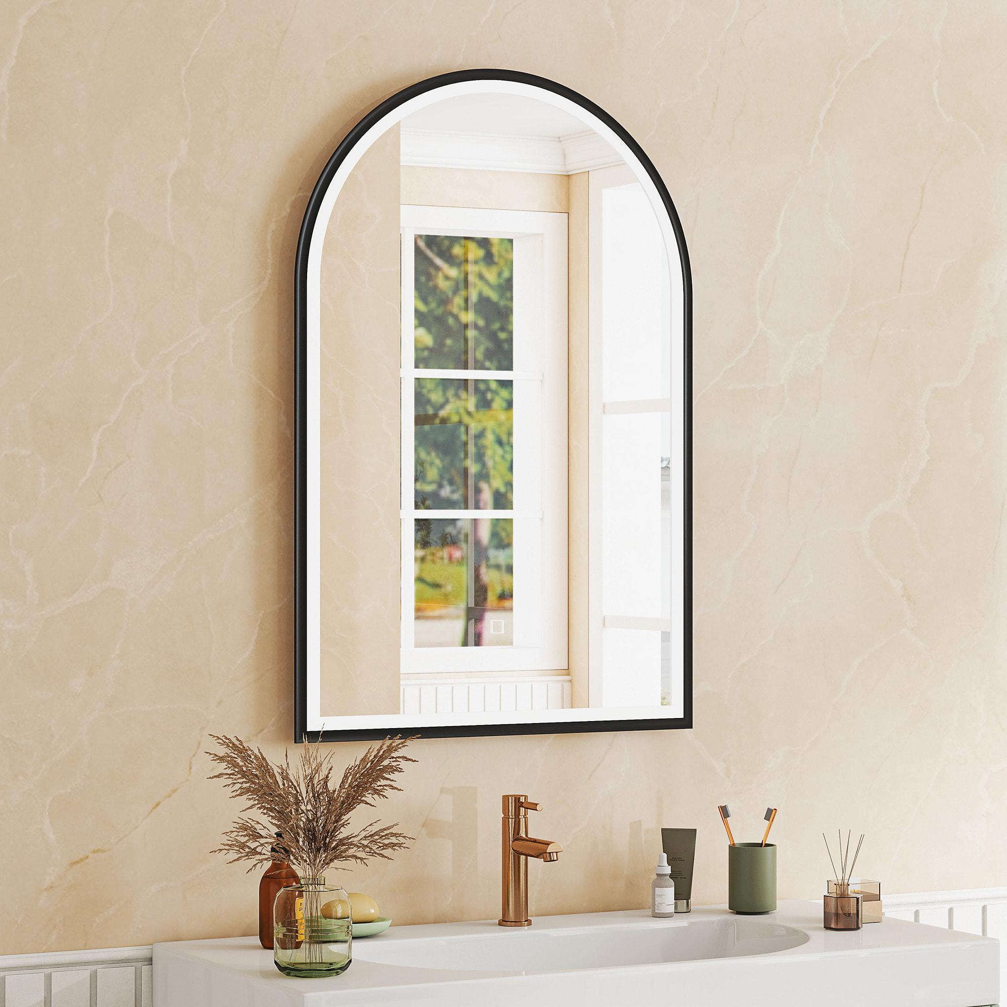 Miroir salle de bain LED design arche 60 x 90 cm anti-buée dimmable tactile réglable verre trempé alu noir