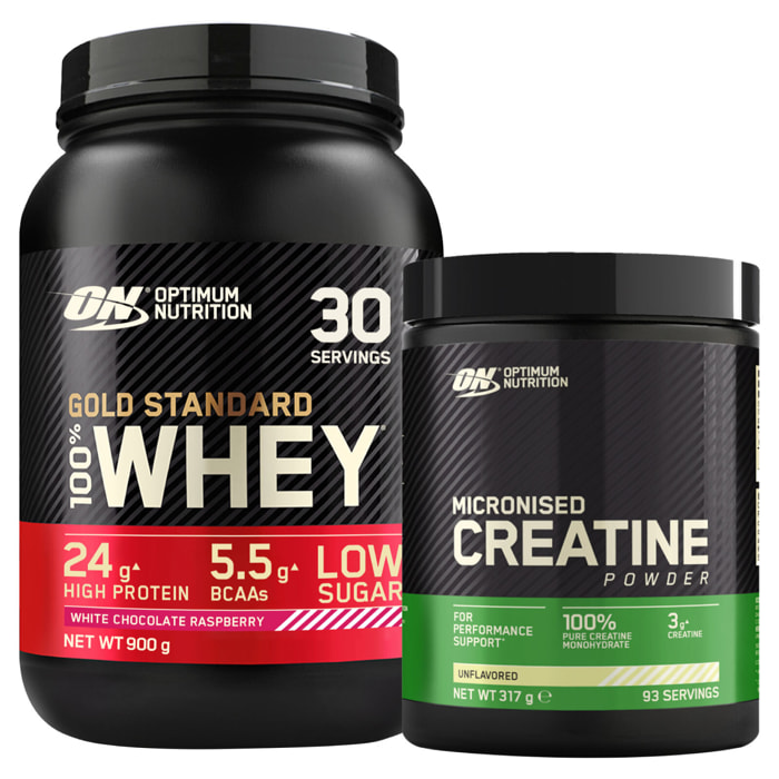 Gold Standard 100% Whey Proteine Polvere con Aminoacidi Cioccolato Bianco e Lampone 900g 30 Porzioni + Micronised Creatine Monohydrate Performance Non Aromatizzato 317g 93 Porzioni