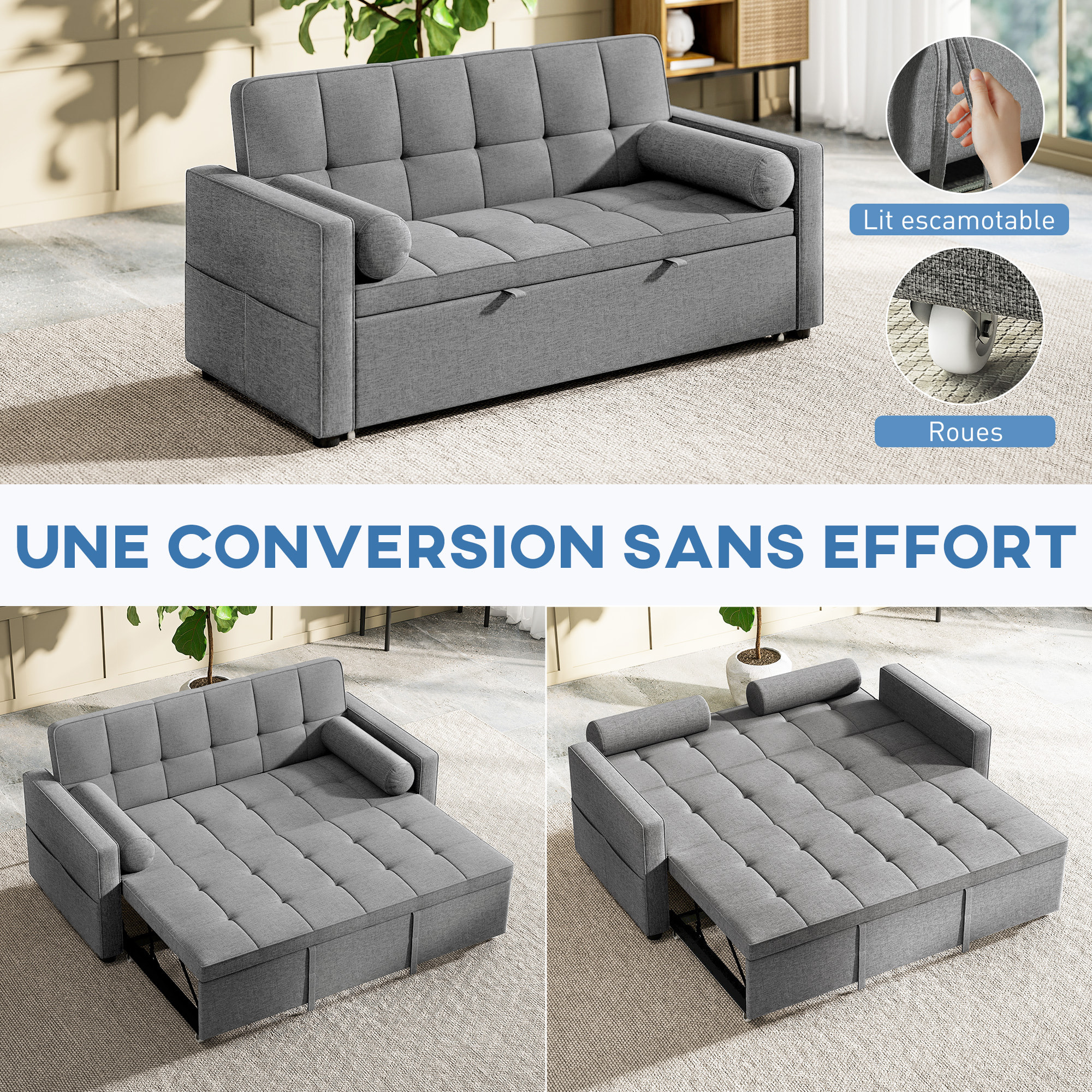 Canapé convertible 2 places style Chersterfield effet capitonné 2 coussins inclus tissu gris chiné