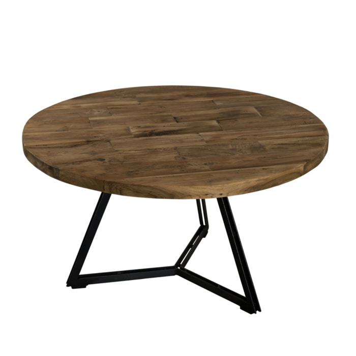 ALIDA - Table basse ronde 75x75cm plateau teck recyclé pieds métal noir