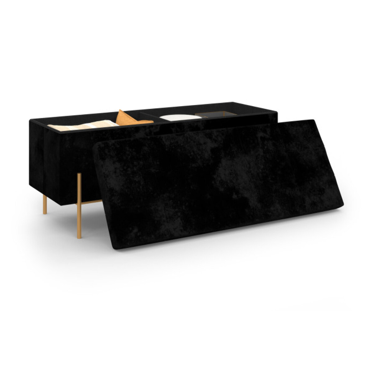 Banc coffre avec pieds dorés Loan en velours noir 100cm