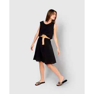 Vestido midi cuello drapeado algodón lino negro