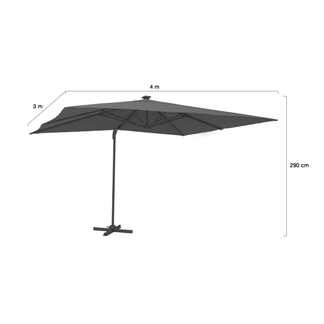 Parasol Sombra 360° rectangle 4x3m gris + housse et éclairage LED