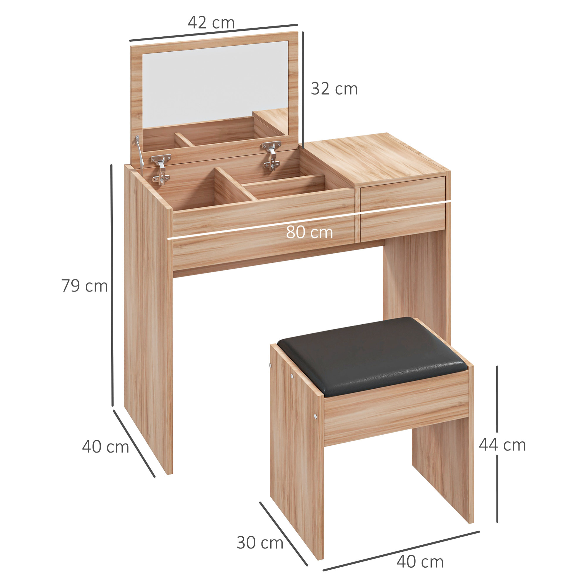 Tocador de Tablero con Taburete y Espejo 80x40x79cm Madera