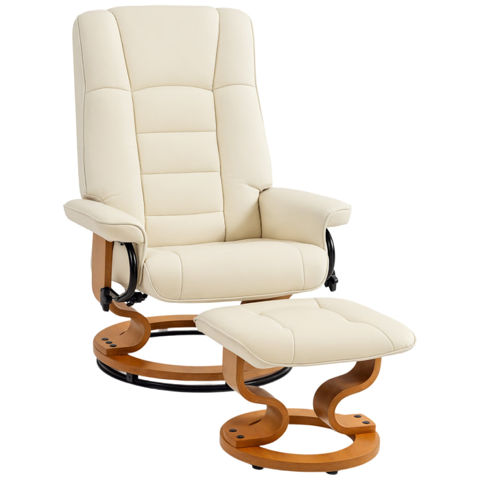 Fauteuil relax inclinable pivotant réglable avec repose-pied bois revêtement synthétique crème