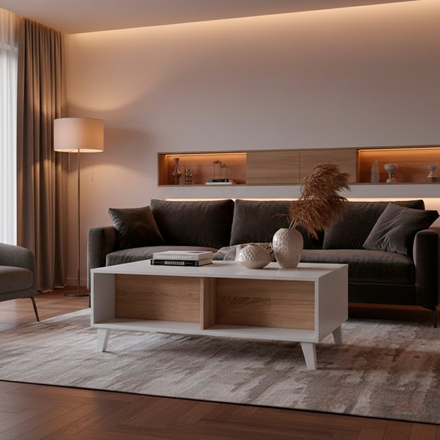 Tavolino Da Caffè Tavolo Basso Con Piano Sollevabile Da Salotto Soggiorno Moderno Con Ripiani Salvaspazio Design 100 x 68 x 38–50 Cm Bianco E Rovere
