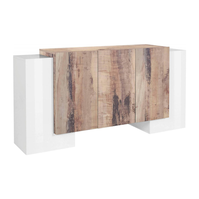 Credenza Arek, Madia da cucina a 5 ante, Buffet da soggiorno, 100% Made in Italy, cm 170x45h85, Bianco lucido e Acero