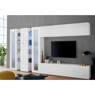 Parete attrezzata Clemente, Set salotto porta TV a 5 ante, Mobile soggiorno multiuso, 100% Made in Italy, cm 340x30h180, Bianco lucido