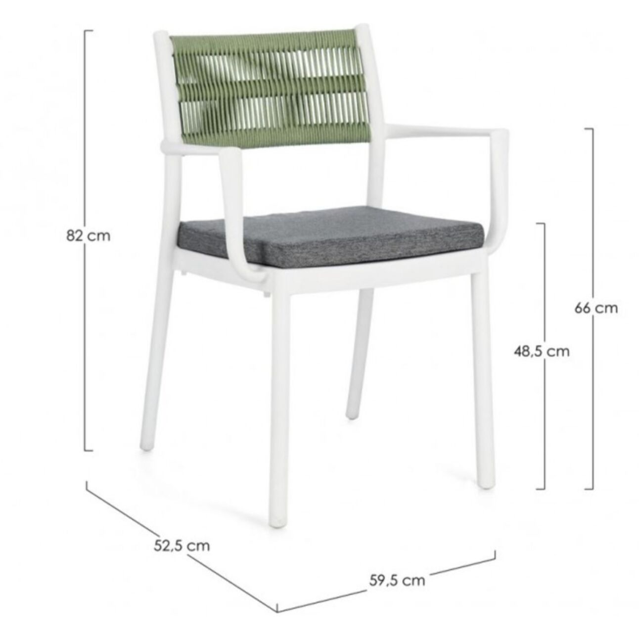 Set di 4 sedie ALVIN in polipropilene bianco e corda intrecciata verde, con braccioli