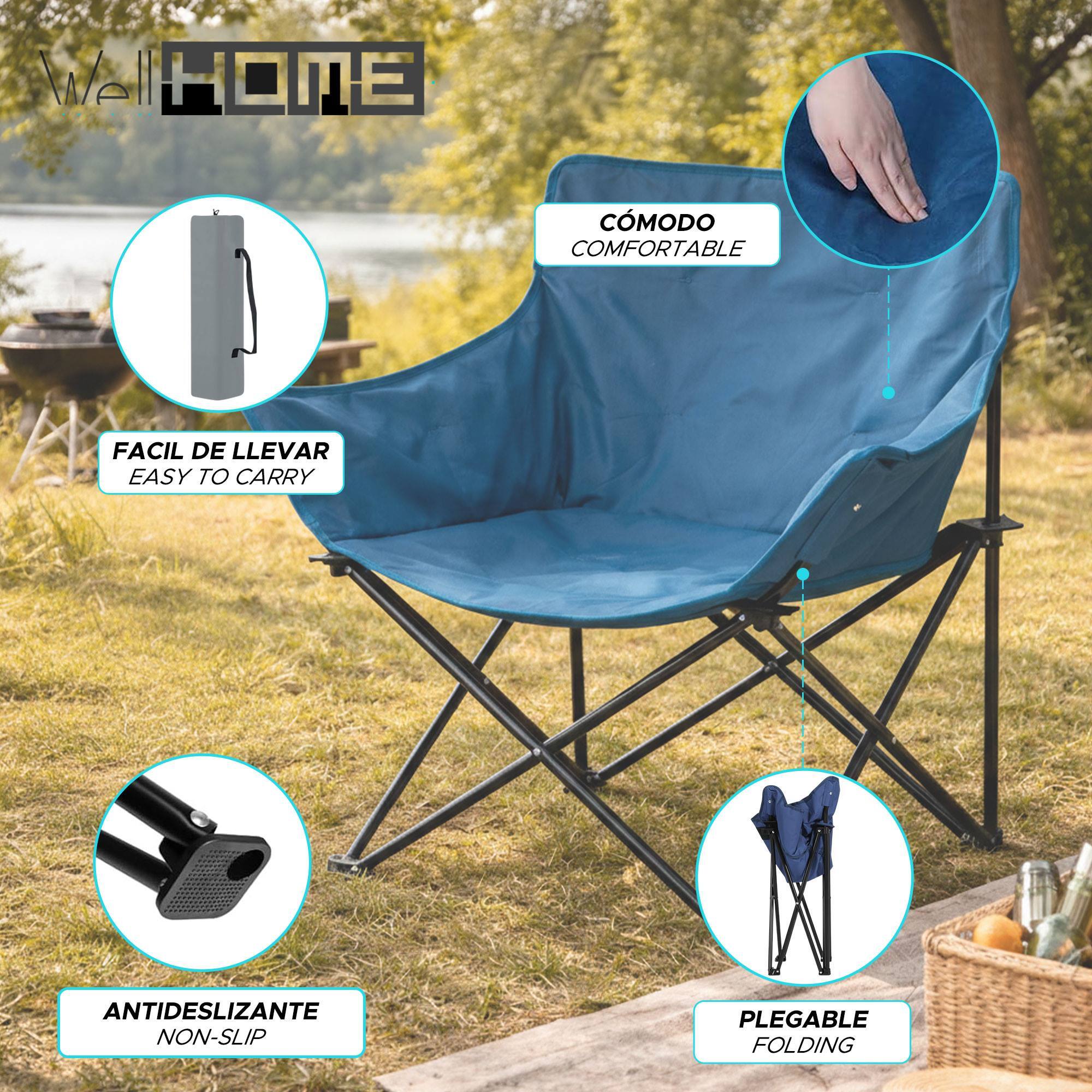 Well Home Silla de camping deluxe 70x52x82cm acero negro, tejido 600x300D, hasta 120kg, con bolsa de transporte