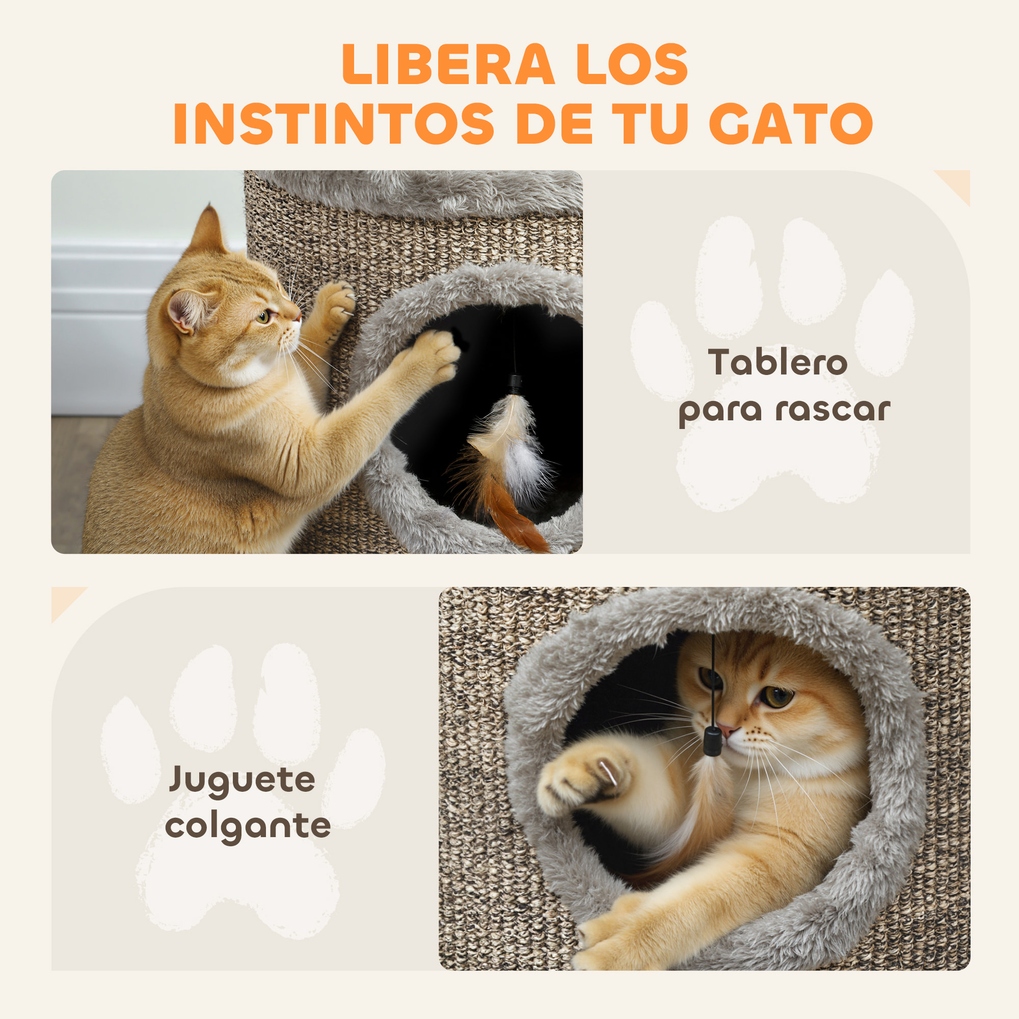 Casa para Gatos 3 en 1 Taburete, Reposapiés, Cama para Gatos con Rascador, Patas de Madera y Pluma Colgante, Cueva para Interior, 36x36x38 cm, Gris