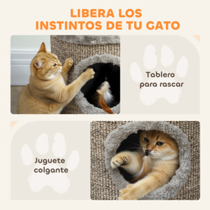 Casa para Gatos 3 en 1 Taburete, Reposapiés, Cama para Gatos con Rascador, Patas de Madera y Pluma Colgante, Cueva para Interior, 36x36x38 cm, Gris