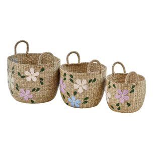 Lot de 3 paniers de rangement Sauv en roseau brodé de fleurs