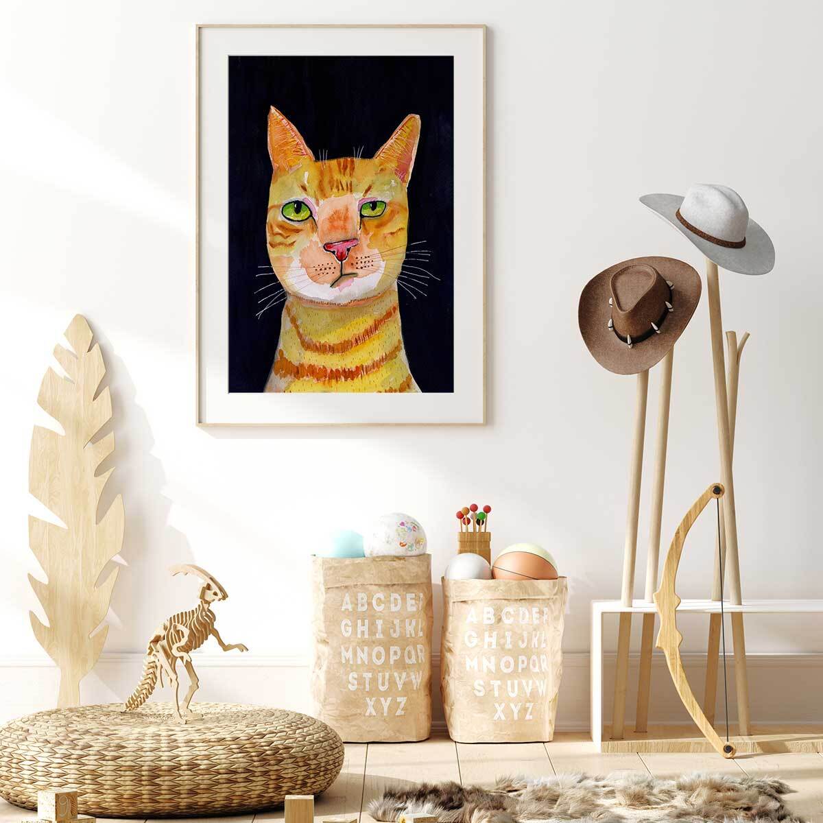 Affiche enfant chat roux  Affiche + cadre en bois - Chêne