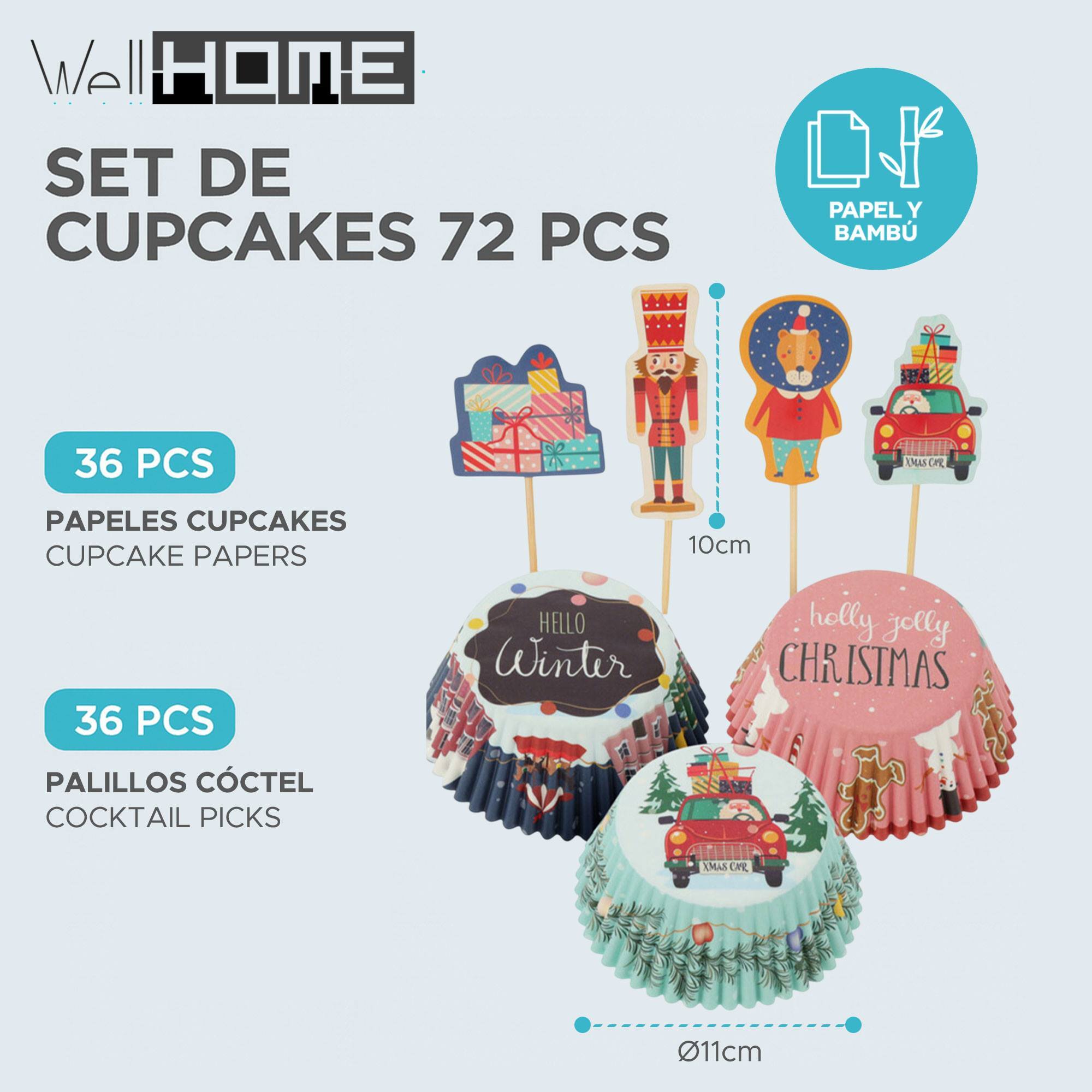 Set para cupcakes de navidad de 72pzs - 36 moldes de papel y 36 palillos decorativos con diseños navideños