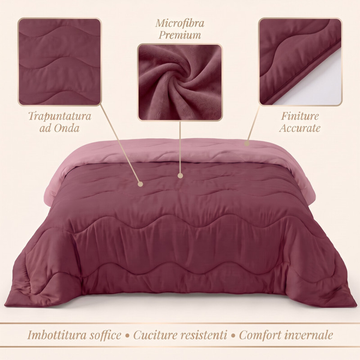 Trapunta invernale bicolor Made in Italy in microfibra di poliestere - Zephir/Rosa
