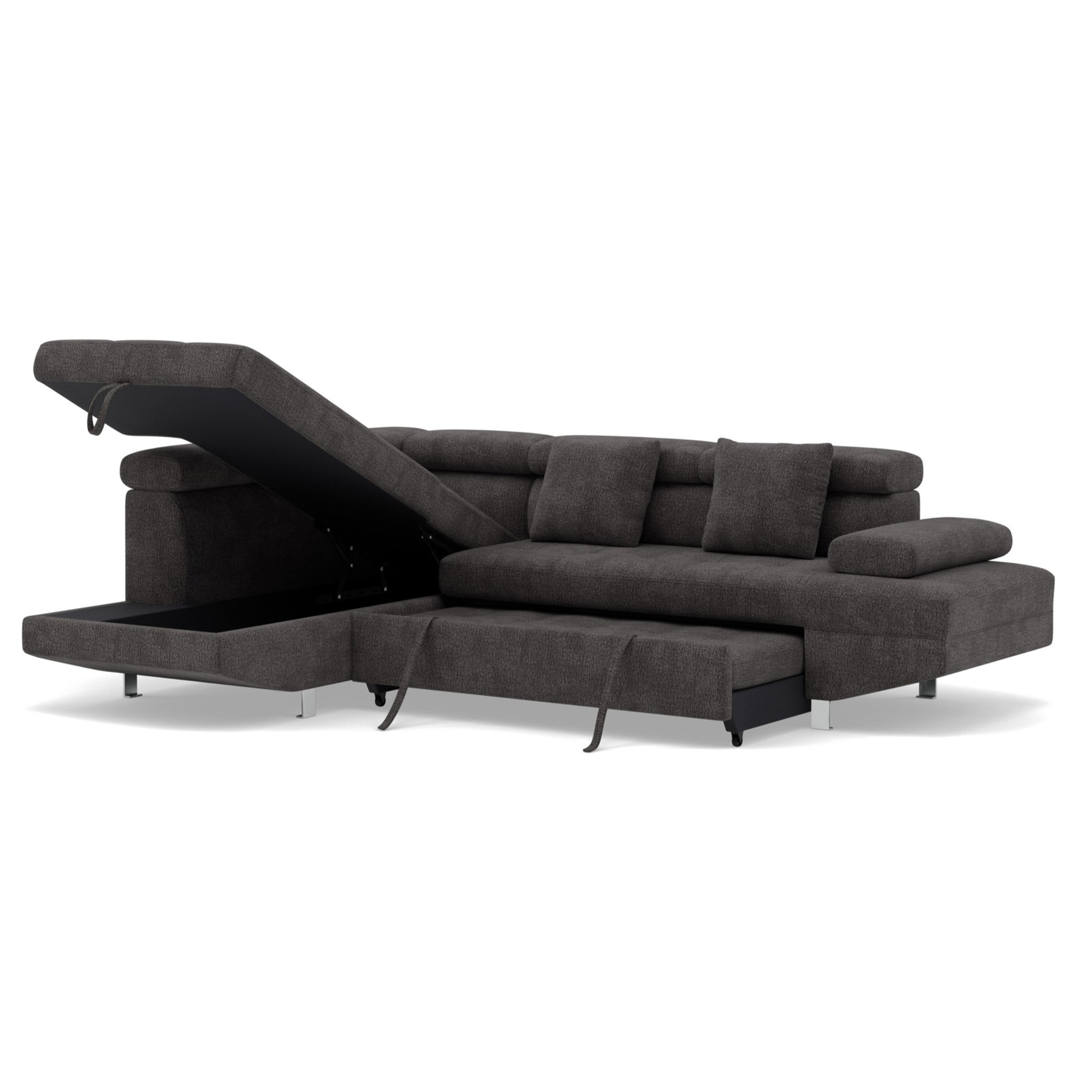 Margaux - Canapé d'angle gauche 5 places convertible avec coffre et têtières réglables en velours texturé - Gris
