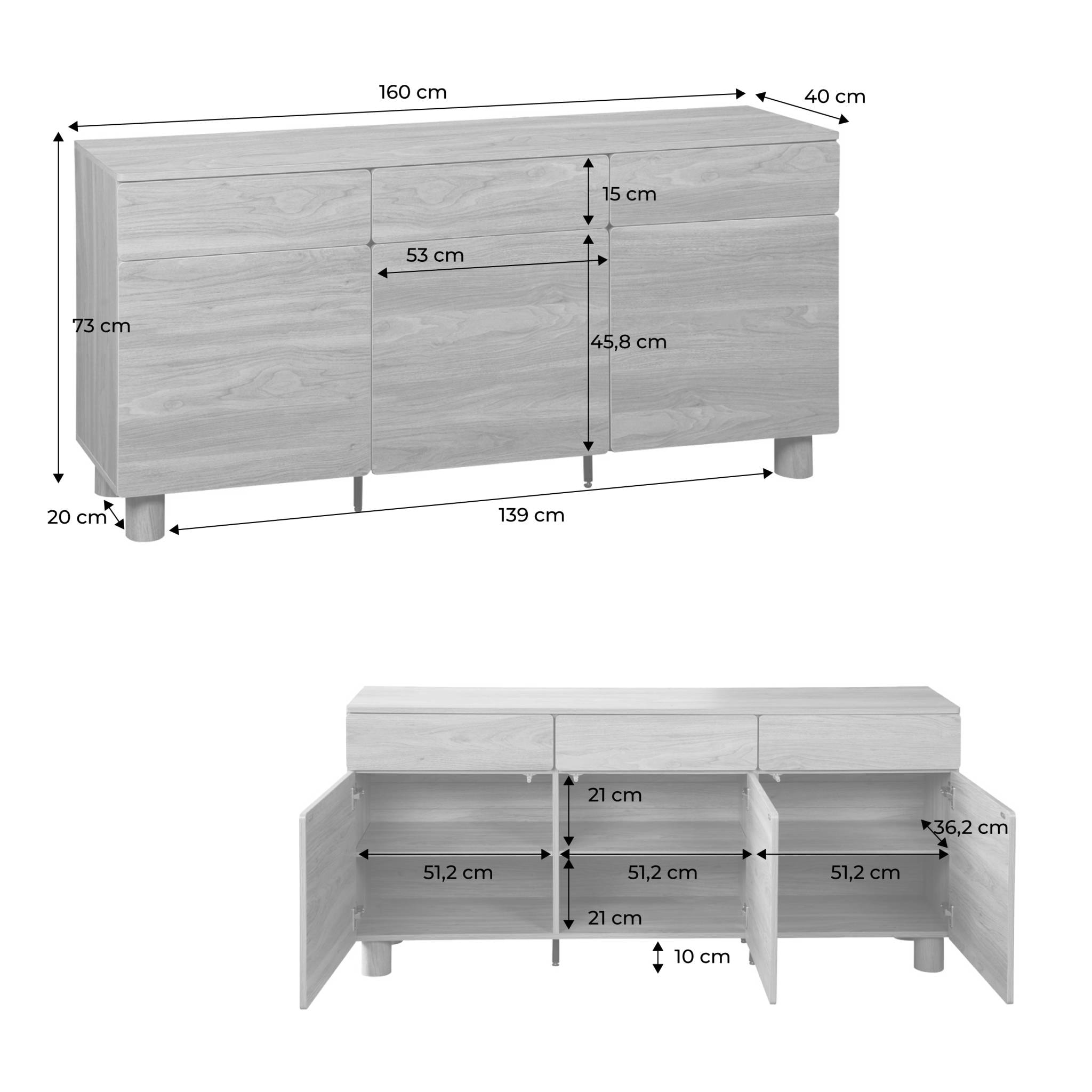 Buffet décor bois 3 tiroirs 3 portes 160cm AYANA
