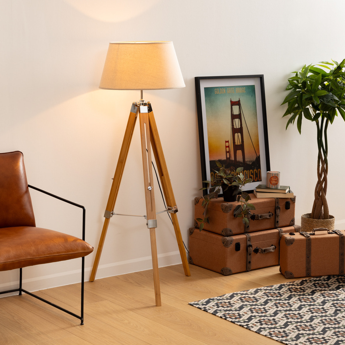 Lampadaire trépied "Runo" bambou blanc ivoire H145cm