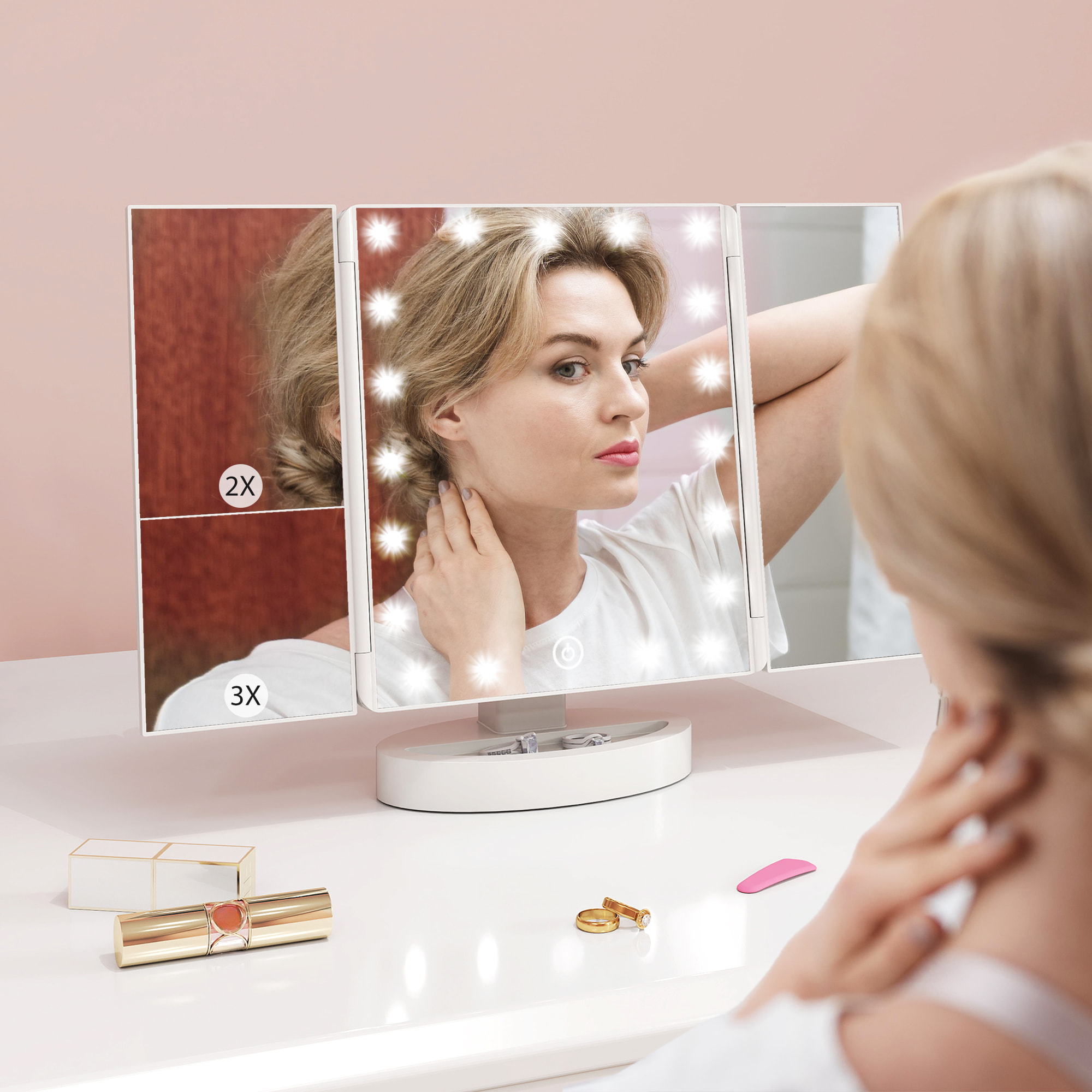 Espejo Maquillaje con Luz, Espejo Tocador Triple, con Aumento 1X/2X/3X, Rotación Libre de 180°, 21 Luces LED, Interruptor Táctil, Fuente de Alimentación Dual, Blanco
