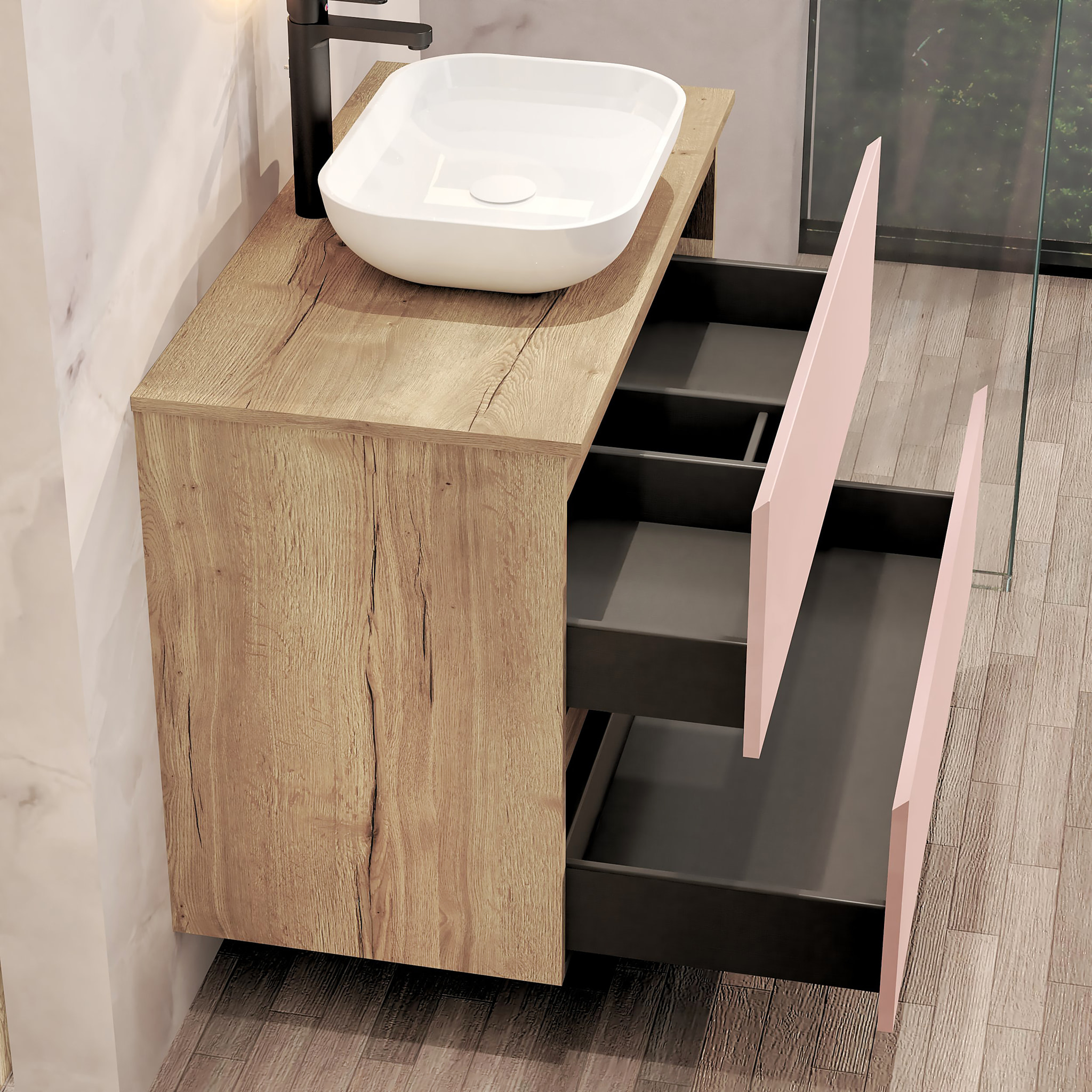Conjunto de Baño Nia | Mueble Suspendido | 90 cm Rosa | Dos Cajones | Lavabo Sobrepuesto | No incluye Espejo | Mueble Montado| Alday