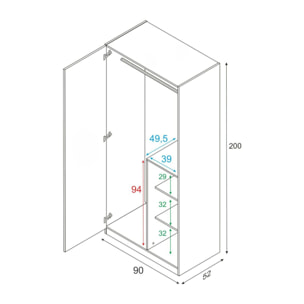 Guardaroba Abilene, Armadio per camera da letto a 2 ante battenti, Mobile con 3 ripiani e barra appendiabiti, cm 90x52h200, Rovere nodi e Bianco