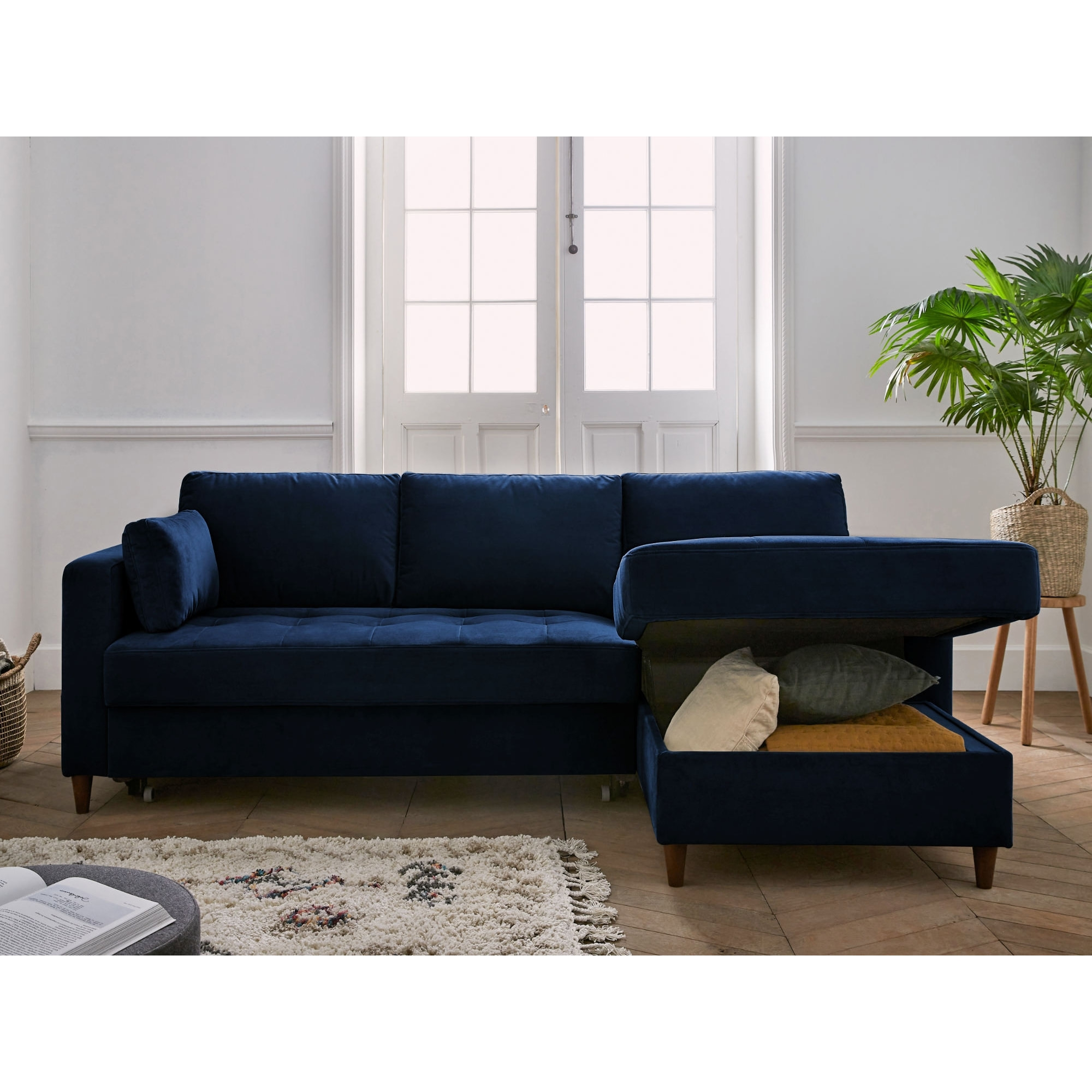 Anna - canapé d'angle droit - 4 places - convertible avec coffre - en velours - Bleu nuit