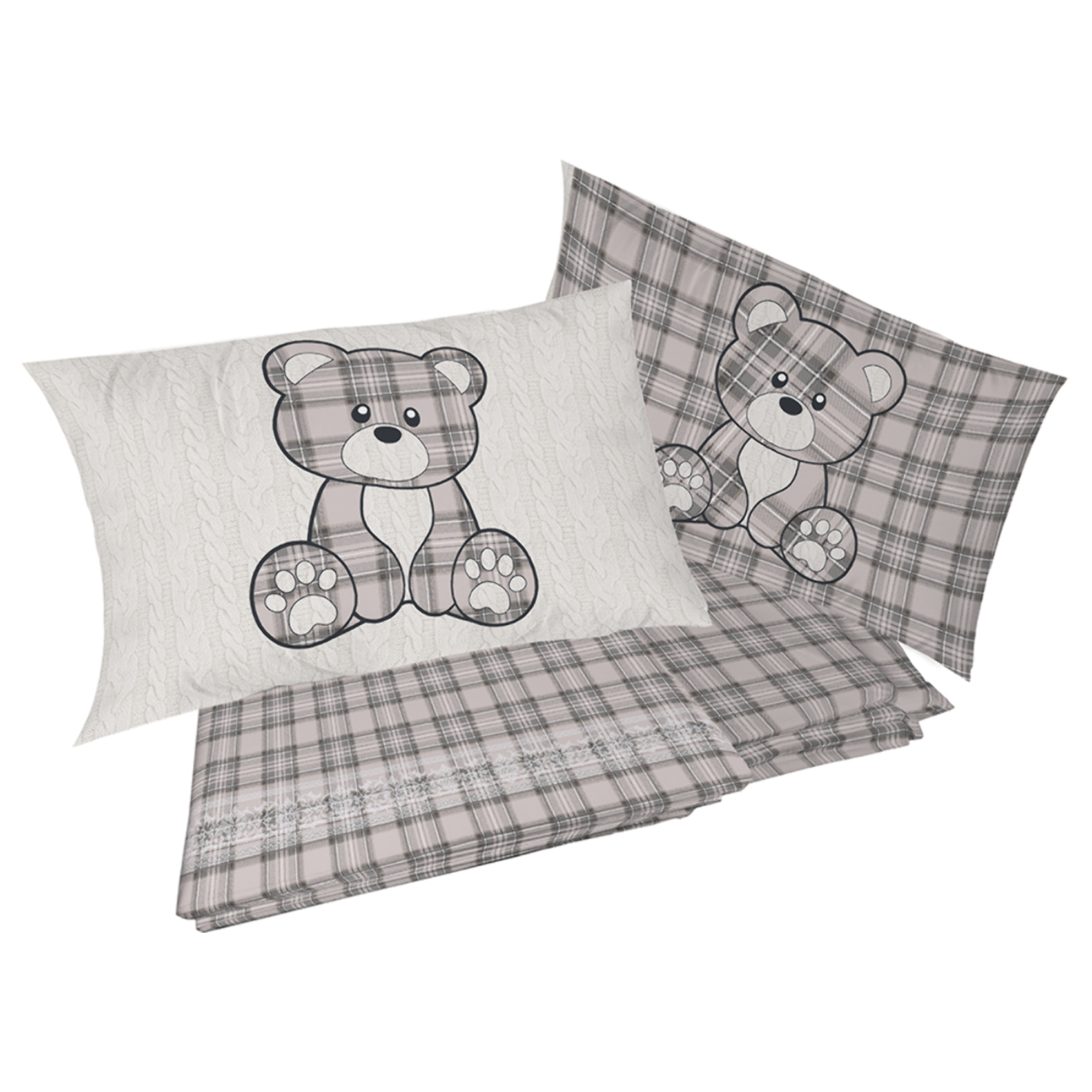 Completo letto in flanella tartan orsetto beige