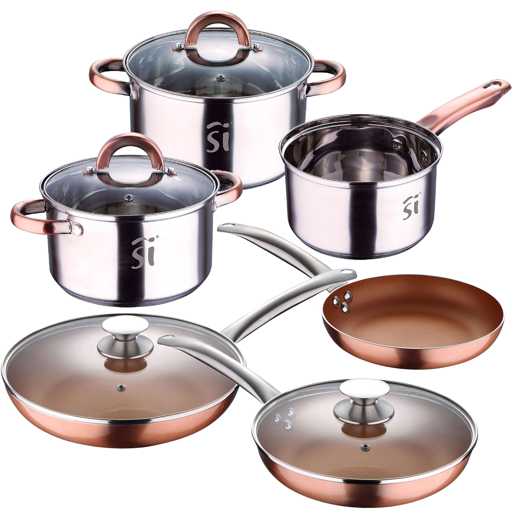 Juego de batería de cocina "onil" 5pc en acero inoxidable + set de 5 sartenes en aluminio prensado