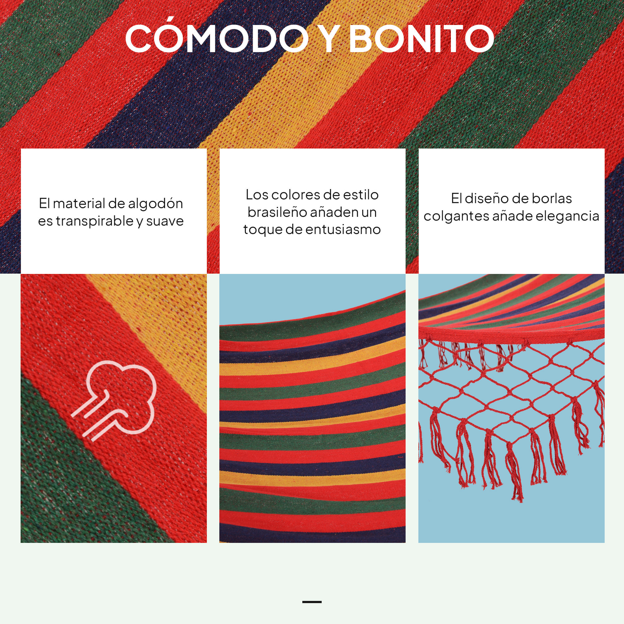 Hamaca de Jardín 200x100 cm Hamaca Colgante con Travesaños de Madera Carga 120 kg para Patio Terraza Balcón Camping Multicolor