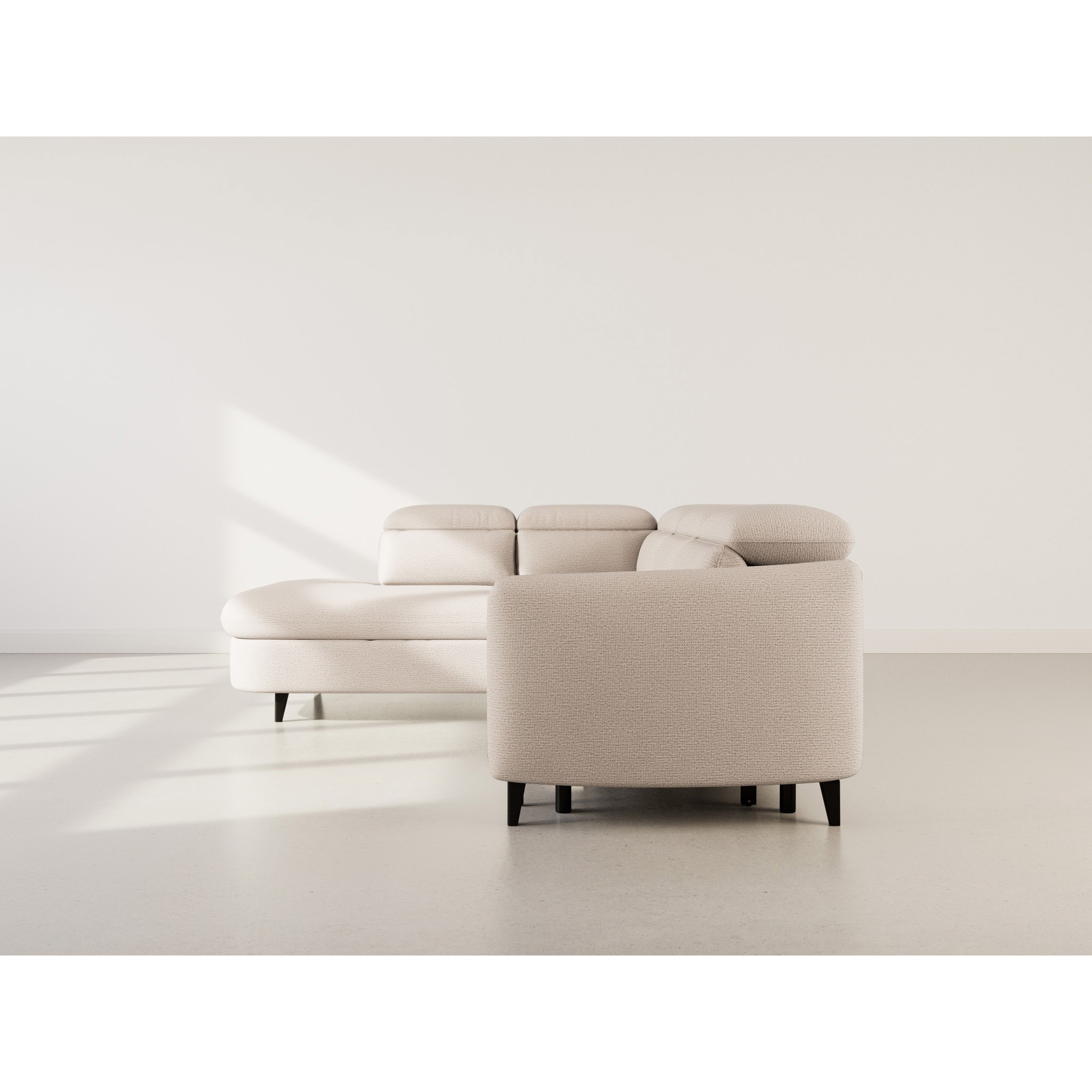 Opaline - Canapé d'angle gauche 5 places convertible avec têtières et coffre en tissu texturé - Beige