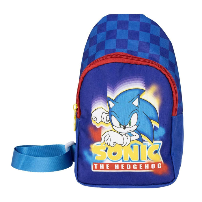 Mochila bandolera de sonic - color azul - 13x23x7cm - fabricada en poliéster - bandolera infantil con asas ajustables - compartimento principal