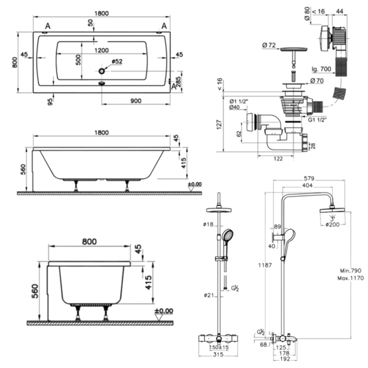 Baignoire droite 180x80cm avec pieds Neon blanc + Vidage  noir  + Colonne bain thermostatique douche noir mat